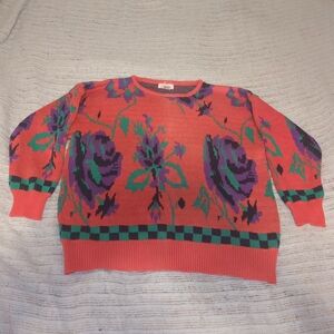 Junior Exchange Vintage Red Multicolor Floral Printed Acrylic Sweater Size Large